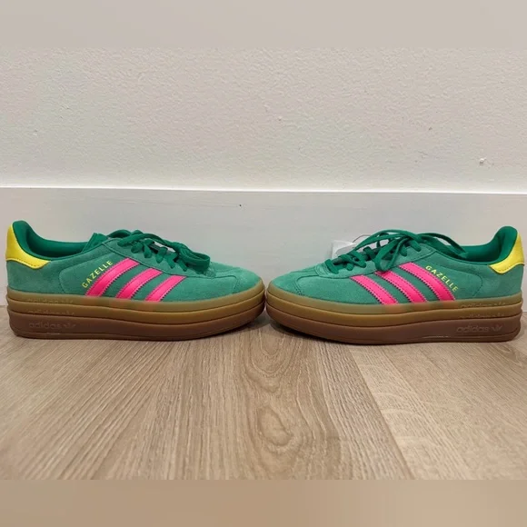 New!adidas gazellGreen Suede Sneakers with Pink Three-Stripes and Yellow Heel - Picture 2 of 9